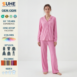 Ensemble de pyjama d'hiver pour femme en modal côtelé ultra doux et respirant (92 %), avec taille élastique, manches longues, boutons, couleur unie, pour la détente - Product Image 2