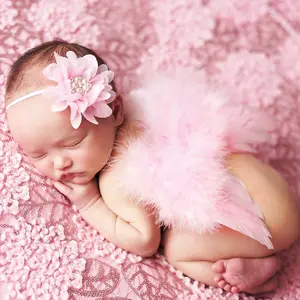 Yanyi Set Properti Foto Anak-anak, Bando Sayap Malaikat Bayi Berlian Imitasi Bulu Bunga Merah Muda Lembut Cantik Cantik