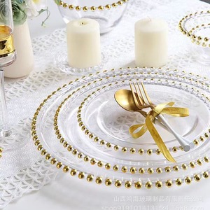 Assiettes rondes en verre transparent avec bordure dorée perlée, style européen, décorations <span class=keywords><strong>de</strong></span> <span class=keywords><strong>mariage</strong></span>, fête d'<span class=keywords><strong>anniversaire</strong></span>, emballage personnalisé, MOQ 100 pièces - Product Image 3