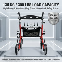 Déambulateur pliant à roues avant de 10 pouces, léger (5,5 kg), en aluminium, chariot de mobilité à 4 roues avec freins à boucle