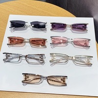 Lunettes de soleil rectangulaires semi-cerclées en métal pour femme, ornées de cristaux et de perles, protection UV400, de luxe, vente en gros, logo personnalisé