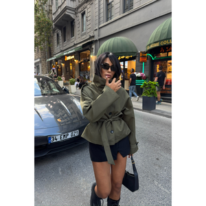 Abrigo corto tipo trench con cuello alto color caqui para mujer, talla S, ropa exterior de moda, estilo urbano - Product Image 4