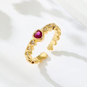Heart Shaped Open Ring Gold Plated Adjustable Index Finger Ring With Ruby And Diamond Inlay Bezel Setting Jewelry Gift - Product Image 1