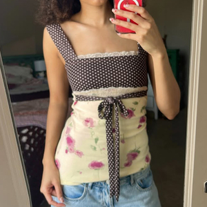 Camisola de punto floral con lunares para mujer, top con tirantes finos, ajustado, estilo Y2K, retro, informal, versátil, top de verano - Product Image 2