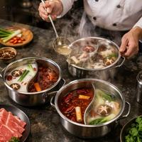 Set Panci Hot Pot Terpisah Stainless Steel Dua Kompartemen dengan Pembagi Bentuk S dan Pegangan Loop untuk Dapur Rumah Shabu