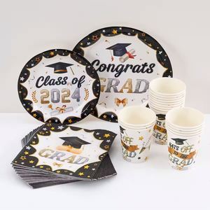 <span class=keywords><strong>12</strong></span> <span class=keywords><strong>personnes</strong></span> noir blanc Graduation décoration fête Table félicitations Grad jetable papier <span class=keywords><strong>vaisselle</strong></span> ensemble fournitures tasse assiettes serviette - Product Image 1