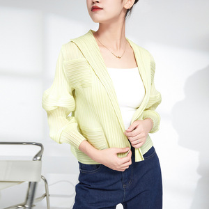 Elegante Blazer Corto Plisado Estilo Miyake para Mujer, Manga <span class=keywords><strong>Farol</strong></span> Única, Sin Arrugas, Transpirable, Informal, para Oficina, con Botones - Product Image 6