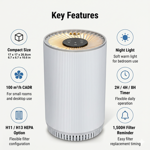 Purificador de Aire Mini Personalizado OEM KJ80 con Filtro HEPA H13, Lámpara Nocturna, Temporizador de 3 Velocidades, Silencioso para Escritorio o Dormitorio, Fabricante - Product Image 2