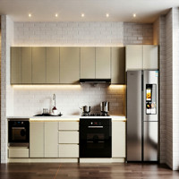 Ensemble d'armoires de cuisine modernes modulaires en bois, stratifié blanc, verre, contreplaqué et MDF, avec comptoir en marbre, charnières et robinet, pour appartement