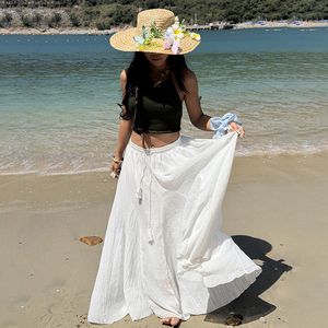 Summer Women Solid Color Midi Skirt Elastic Waist Drawstring Tassel Detail Breathable Casual Vacation Skirt - Product Image 5