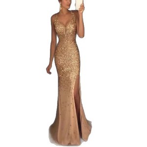 Vestido de Noche Largo de Lentejuelas Doradas con Escote Corazón y Abertura Alta, de Satén, para Fiesta de Mujer - Product Image 5