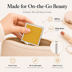 Miroir compact carré jaune avec strass, cadre en métal chromé, double face 1X, miroir de maquillage de poche en verre flotté HD, vente en gros - Product Image 1