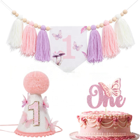 Bannière en perles de bois bohème mignonne avec un motif de papillon violet et de couronne pour les décorations de fête de 1er/2e anniversaire ou de Noël