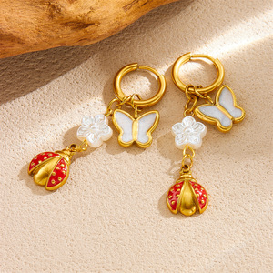 Cartoon Ladybug Butterfly Pearl Flower Drop Earrings Stainless Steel Zinc Alloy For Women Gift E6240 - Product Image 2