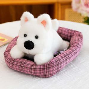 Juego de Peluches de <span class=keywords><strong>Perro</strong></span> Kawaii con Cama a Cuadros, Mini Cachorro Realista de Peluche, Juguete Suave y Adorable, Regalo para Niños - Product Image 4
