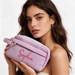 Corduroy <b>Makeup</b> <b>Bag</b> With Custom Embroidery Name, Aesthetic Toiletry <b>Travel</b> <b>Bags</b> for Women - Product Image 3