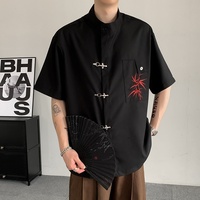 Chemise décontractée à col montant et manches courtes pour homme, broderie en bambou rouge, boucle métallique, coupe ample, style streetwear tendance