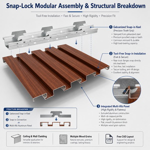 Panel de aluminio acanalado con textura de madera, sistema de perfil metálico para techo con sistema de encaje a presión. - Product Image 2