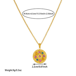European American Fashion Retro Colorful Round Pendant Gold Plated Stainless Steel Chain Necklace Daily Gift - Product Image 4