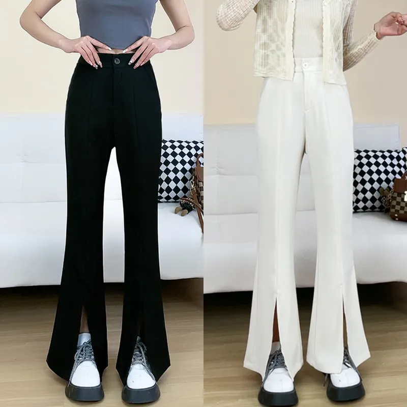 New Style Women's Side Split Trousers Slim Fit Ladies Pants Straight Legging Long Flare Pants Summer