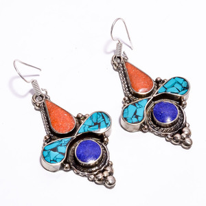 Natural Turquoise Coral Lapis Gemstone <b>Earrings</b>, Tibetan Silver Nepali <b>Handmade</b> <b>Earrings</b>, Italian Jewelry - Product Image 4