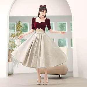 Beautiful Burgundy Graduation Dresses A-Line Princess Square Neckline Short Sleeve Backless Floor-Length Long Formal Dresses