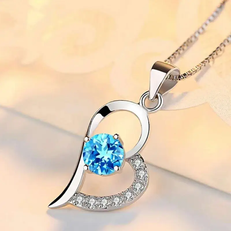 Kore 925 ayar gümüş renk mavi kristal kalp kolye kolye mavi kristal kolye temizle zincir takı adedi 1 adet