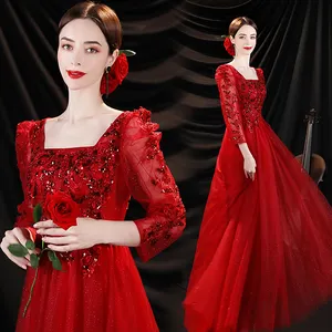 Robe de soirée en dentelle pour mère de la mariée, robe rouge en mousseline de soie à manches longues