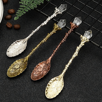 Cuillère vintage sculptée avec motif de tête de cristal, cuillères créatives en argent et or, cuillère à café et à thé, ustensiles de cuisine