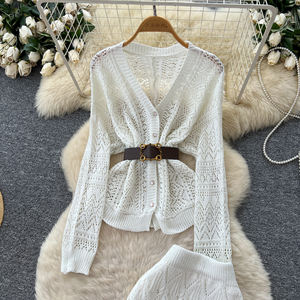 Da donna Set 2 pezzi Cardigan in maglia a maniche lunghe all'uncinetto <span class=keywords><strong>con</strong></span> gonna a due pezzi completo da donna - Product Image 2