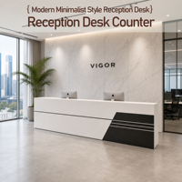Bureau de réception moderne en bois écologique personnalisé, panneau frontal bicolore, design oblong durable pour hall d'entreprise commercial