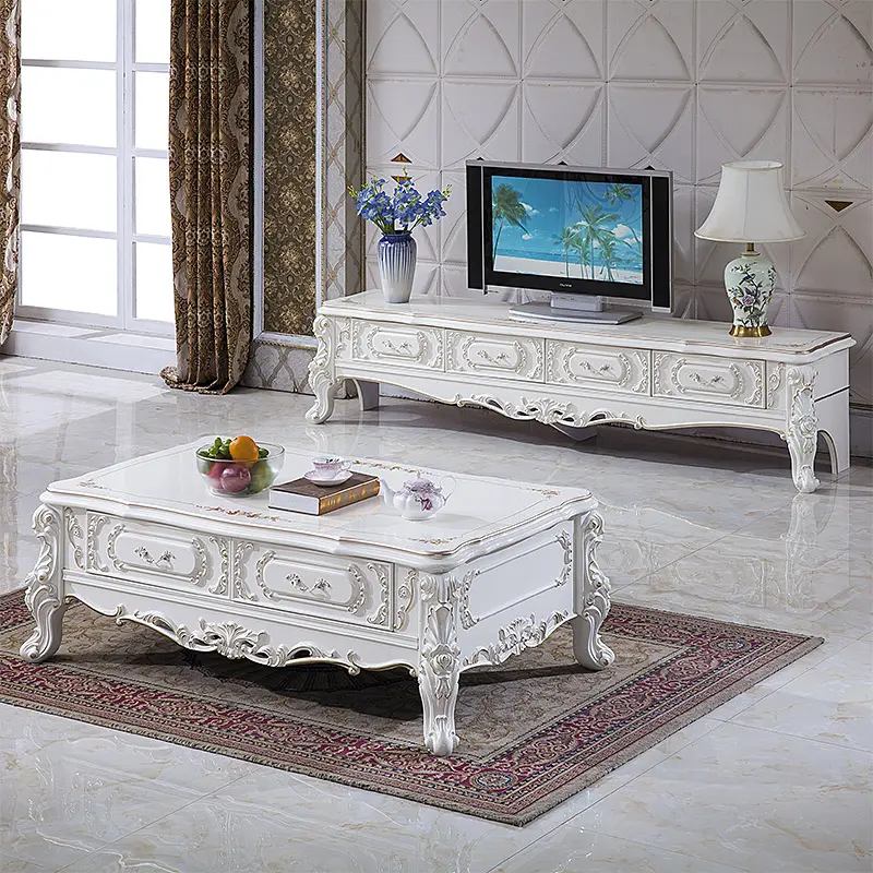 Hot Sale Arabian Style TV Stand French Classic Marble Top Wooden Handcrafted Long TV Stands Cabinet