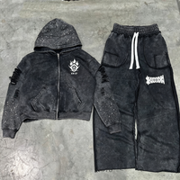 Ensemble de survêtement streetwear pour homme en coton tissé 100% avec fermeture éclair, effet délavé personnalisé, broderie et look vintage délavé au soleil