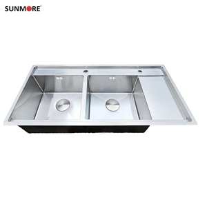 Fregadero comercial de acero inoxidable hecho a mano con dos orificios y doble cubeta, para empotrar bajo encimera, con escurridor, para cocinas de restaurantes, Vietnam - Product Image 2