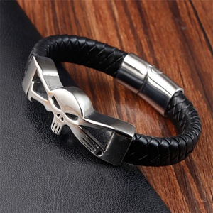Hip Hop Jewelry Skull Stainless Steel Bracelet Customized Name Black Leather Braided Rope <b>Bangle</b> <b>Men</b> Leather Bracelet - Product Image 6