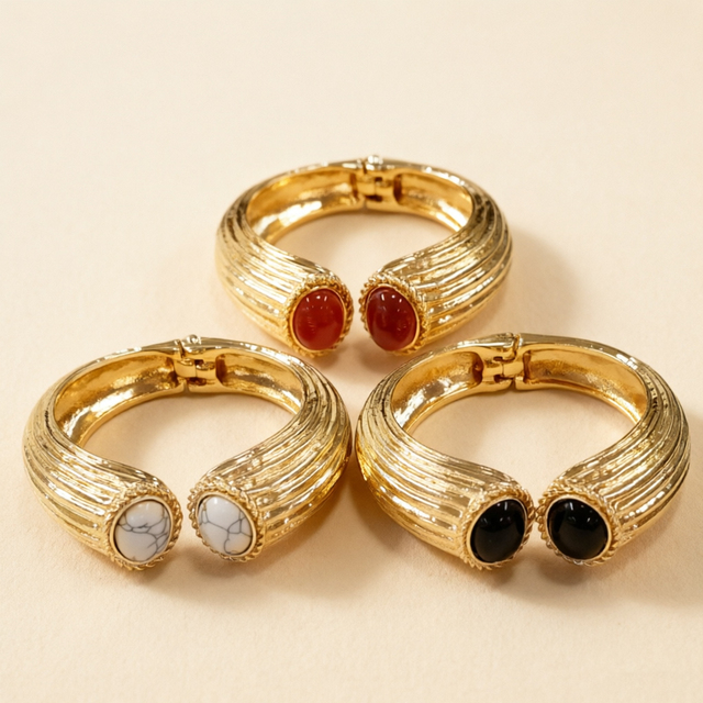 Sculptural Chunky Gold Cuff Bracelet Bezel Set Resin Statement Bangle 18K Gold Plated Women's Bohemian Alloy Jewelry Wholesale