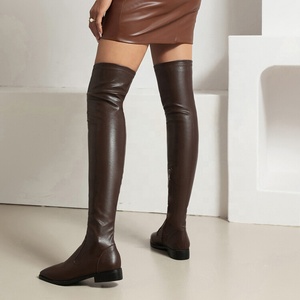 Stretch Skintight Women Flat Long Boots Pointed Toe Over <b>Knee</b> <b>High</b> Flats Shoes Wide Leg Size 48 Big Feet Ladies Booties - Product Image 4