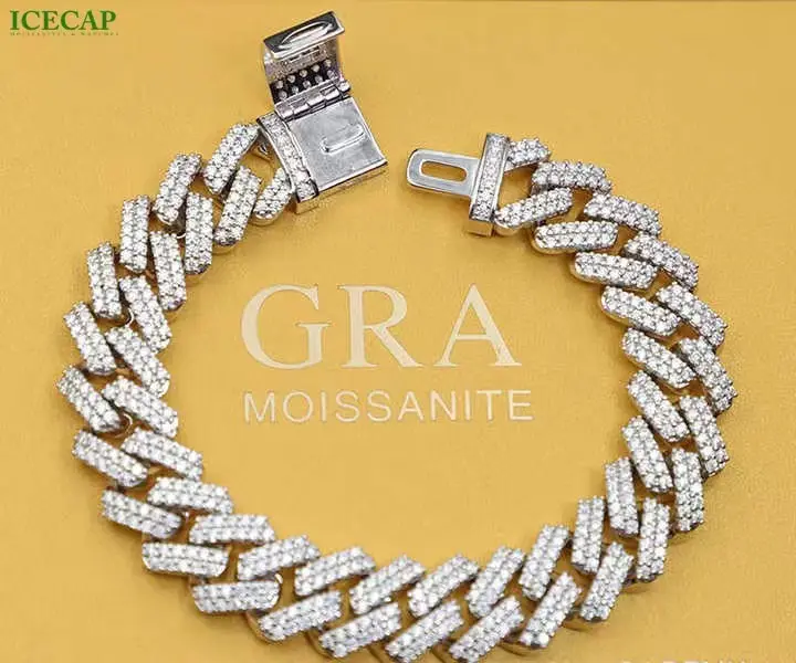 Icecap Mode Luxe Sieraden Armband Ijs Uit Diamant Vork Cubaanse Armband 2 Rij 925 Sterling Zilveren Ketting Wit Moissani