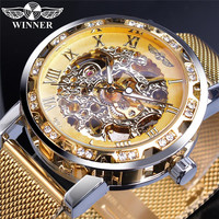 WINNER Montre-bracelet mécanique à remontage manuel pour homme, de luxe, de marque supérieure, squelette, bracelet en acier maille, style sport, cadeau
