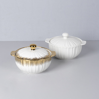Pot à soupe en céramique plaqué or de haute qualité avec couvercle, design rayé, fond plat, pour restaurants et hôtels