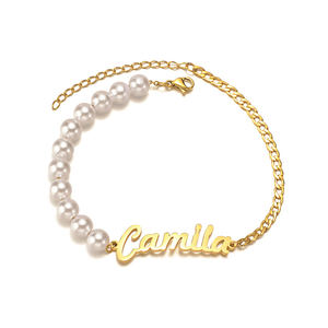 Pulsera de Acero Inoxidable con Nombre Personalizado, Chapada en Oro, con Perlas, Regalo de Aniversario Personalizado para Mujeres y Hombres, UIONEN 1967 - Product Image 1