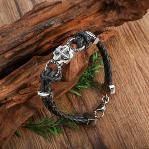 Cross Alloy <b>Leather</b> Woven <b>Bracelet</b> Tibetan Silver Geometric Design Punk Style Fashion Wrap <b>Bracelet</b> - Product Image 4