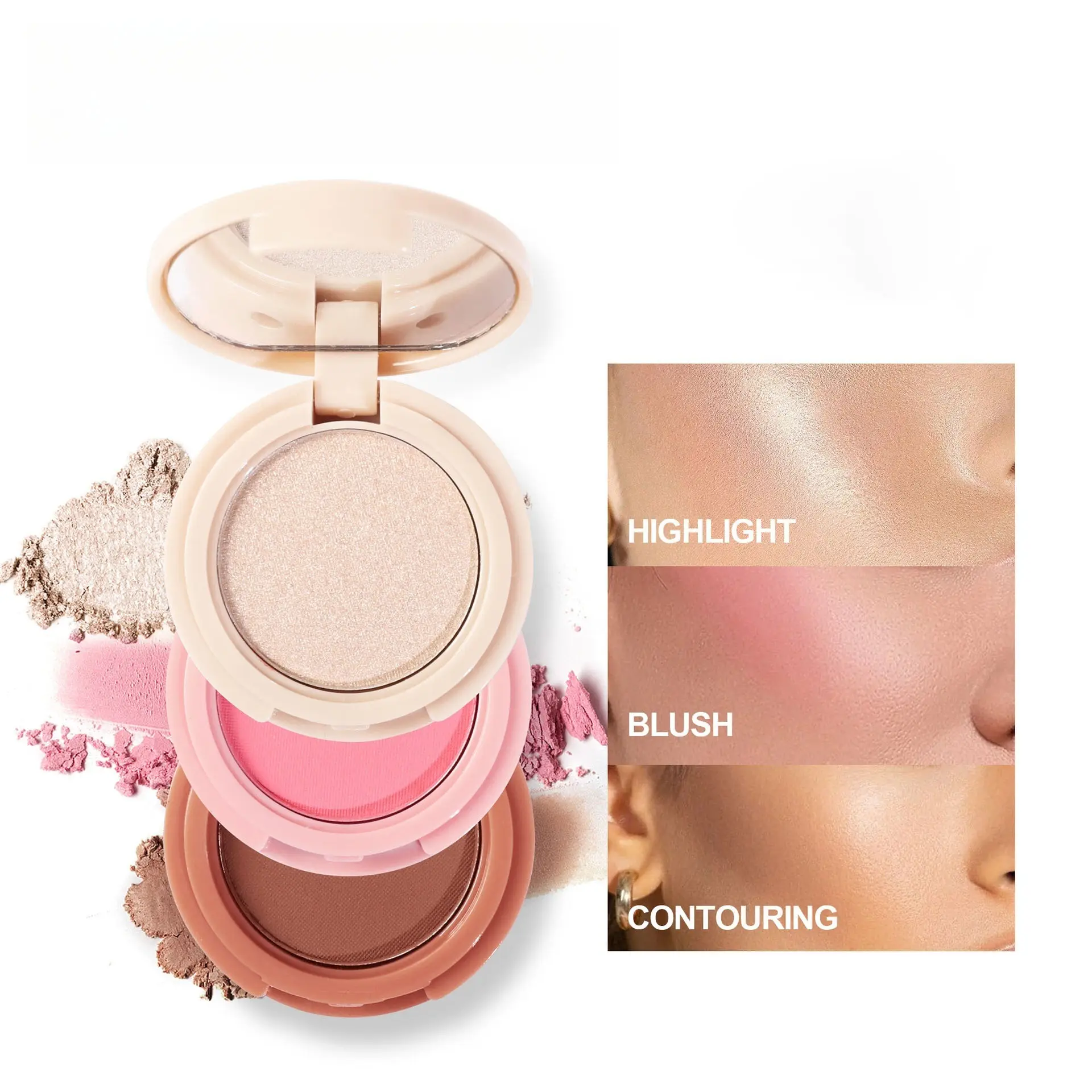 Blush 3 en 1 Vegan Surligneur Poudre Pressée Blush Contour Palette Private Label Contour Blush Highlight Maquillage