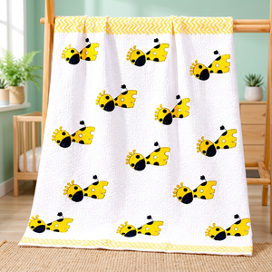 Serviette en tissu éponge de coton écologique, tissée unie, motif girafe brodé, blanc et jaune, absorbante, couverture de bain pour bébé - Product Image 5
