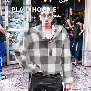 Sudadera a cuadros con Cuello medio abierto de otoño e invierno para mujer, con capucha abotonada, estampado informal de felpa, función antibolitas con logotipo frontal - Product Image 2