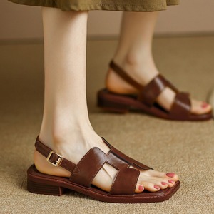 Sandalias Romanas Casuales de Tacón Bajo Marrón de Alta Calidad al por Mayor de Fábrica, Zapatos de Tacón de Cuero para Mujer - Product Image 1