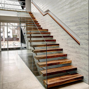 <span class=keywords><strong>Escalier</strong></span> <span class=keywords><strong>flottant</strong></span> en bois en forme de L à prix avantageux avec garde-corps en bois et garde-corps en verre - Product Image 2