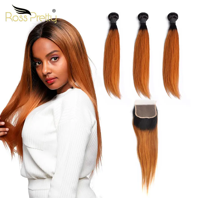 Ombre two tone color 1b brown 100% remy indian hair weave extensions with closure set human hair bundles