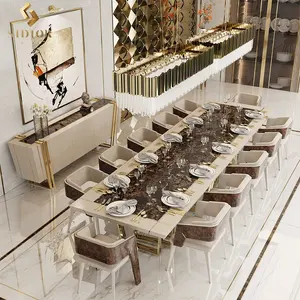 Desain elegan emas baja tahan karat Italia mewah marmer top 12 kursi meja makan set untuk 8 modern ruang makan furniture