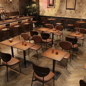 High End Restaurant Furniture Retro Style Wooden Veneer Steel Frame <b>Table</b> and Chairs for Dining Set Contract Commercial Grade Du - Product Image 5
